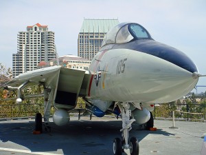 An F-14 Tomcat fighter jet on the deck of the USS Midway.
