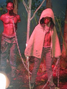 AMC's The Walking Dead display featuring Michonne and her zombie pet.