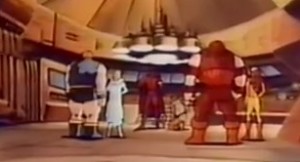 The Blob, White Queen, Magneto, Toad, Juggernaut, and Pyro, in the only shot of the entire team in the 22 minute special.