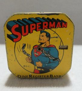Vintage Superman Dime Register Bank - DC Rare 1940s Tin Litho Bank